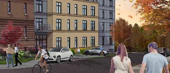 A man and woman are walking hand in hand across a street with a cyclist and a car in the background.