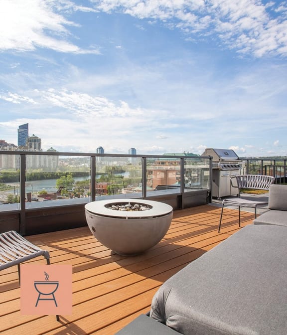 an icon of a chair in front of a city skyline