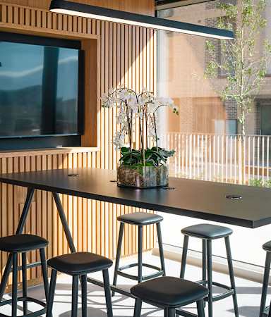 A black table with four stools and a potted plant on it.