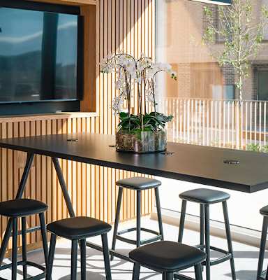 A black table with four stools and a potted plant on it.