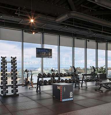 A gym with a view of the city at Cherrywood Apartments, D18 VY3V, DUBLIN 18