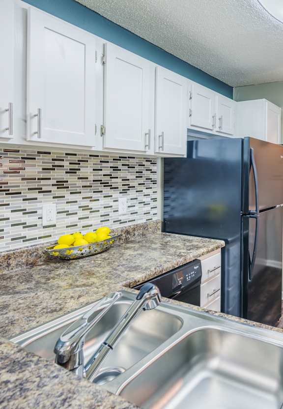 A kitchen with a black refrigerator and a sink. at The Colony at South Park, Aiken, SC, 28903