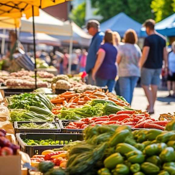 A market scene with people shopping for fresh produce.
