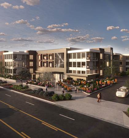 a rendering of an apartment building on a city street