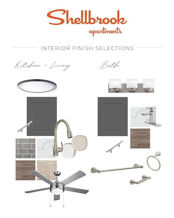 a mood board for a bathroom remodel at Shellbrook Apartments in Raleigh