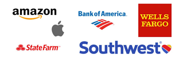 A collection of logos from Amazon, Bank of America, Wells Fargo, Apple, State Farm, and Southwest Airlines.