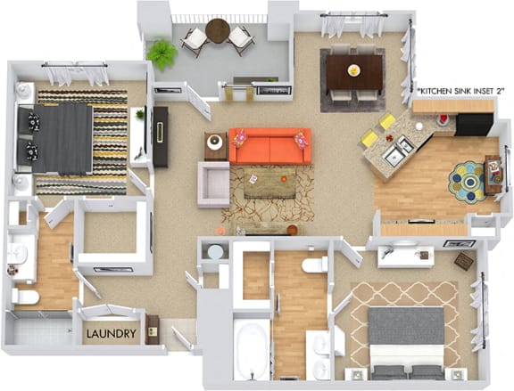 Braxton 3D. 2 bedroom apartment. Kitchen with bartop open to living/dinning rooms. 2 full bathrooms, double vanity in master, shower stall in guest. Walk-in closets. Patio/balcony.