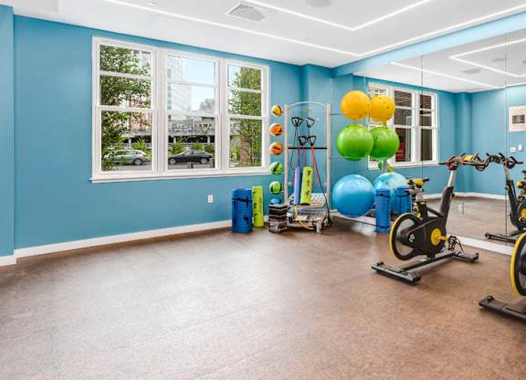 Yoga studio at station row with spin bikes