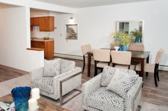 Half Wall Connecting Kitchen, Dinging Room and Living Room in Bloomington Apartment