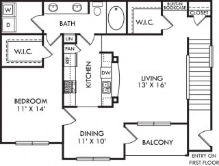 Ansdale. 1 bedroom apartment. 1st floor entry. Kitchen with bartop open to living/dinning rooms. 1 full bathroom, double vanity. Walk-in closet. Patio/balcony.