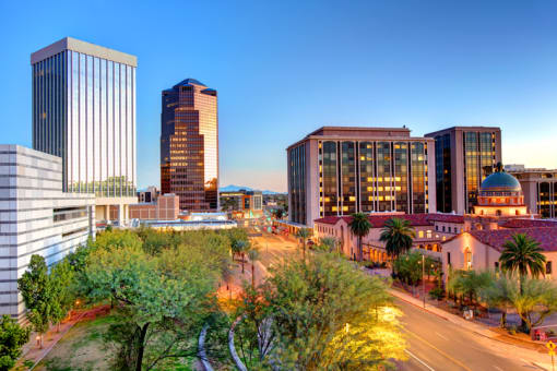 a view of the city of tempe at dusk