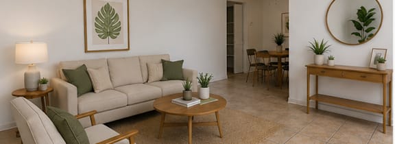 A living room with a beige sofa, two chairs, and a coffee table.