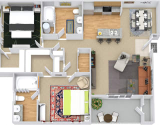 Darby 3D. 2 bedroom apartment. Kitchen with bartop open to living/dinning rooms. 2 full bathroom, double vanity in master. Walk-in closets. Patio/balcony.