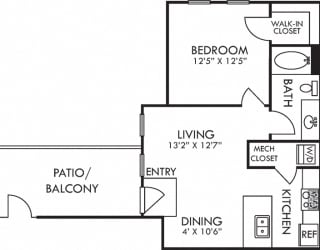 Abbey. 1 bedroom apartment. Kitchen with bartop open to living/dinning rooms. 1 full bathroom. Walk-in closet. Patio/balcony.