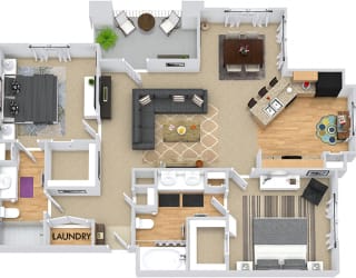 Baxter 3D. 2 bedroom apartment. Kitchen with bartop open to living/dinning room. 2 full bathrooms, double vanity in master, shower stall in guest. Walk-in closets. Patio/balcony.