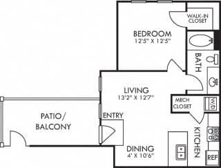Abbey. 1 bedroom apartment. Kitchen with bartop open to living/dinning rooms. 1 full bathroom. Walk-in closet. Patio/balcony.