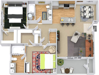 Darby 3D. 2 bedroom apartment. Kitchen with bartop open to living/dinning rooms. 2 full bathroom, double vanity in master. Walk-in closets. Patio/balcony.