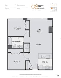 A floor plan of a residence with two bedrooms, a living room, a dining area, a kitchen, and a bathroom.