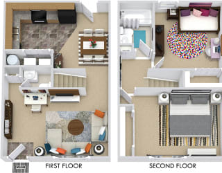 The Boxwood 3D. 2 bedroom townhome. Kitchen open to living/dinning room. 1 full bathroom + powder room. large closets.