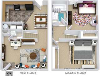 The Boxwood 3D. 2 bedroom townhome. Kitchen open to living/dinning room. 1 full bathroom + powder room. large closets.