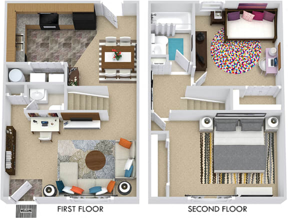 The Boxwood 3D. 2 bedroom townhome. Kitchen open to living/dinning room. 1 full bathroom + powder room. large closets.