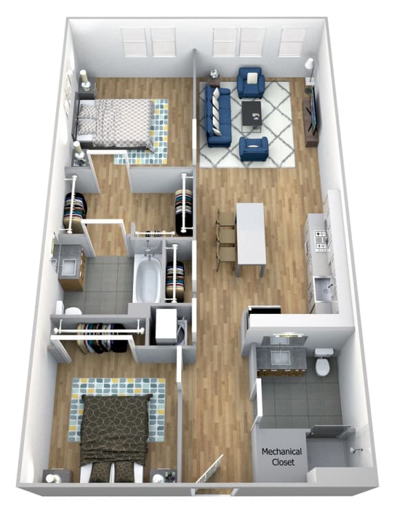 E-1 2 Bedroom 2 Bath 3D Floor Plan at Centro Arlington in Virginia, 22204