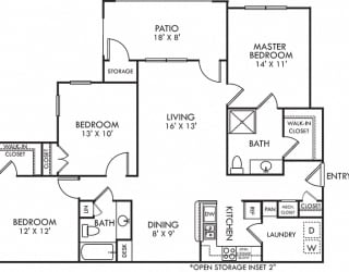 Cypress. 3 bedroom apartment. Kitchen with bartop open to living/dinning rooms. 2 full bathrooms, shower stall in master. Walk-in closets. Patio/balcony with storage.