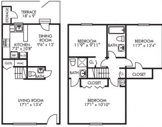 Chadwyck. 3 bedroom townhome. Kitchen with bartop open to living/dinning rooms. 2 full bathrooms + powder room. Patio/balcony.