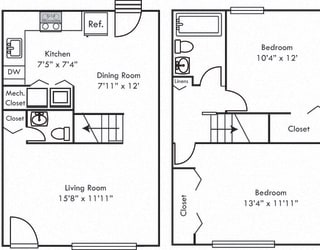 The Boxwood. 2 bedroom townhome. Kitchen open to living/dinning room. 1 full bathroom + powder room. large closets.