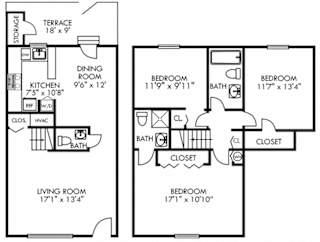 Chadwyck. 3 bedroom townhome. Kitchen with bartop open to living/dinning rooms. 2 full bathrooms + powder room. Patio/balcony.