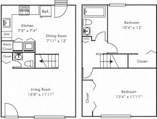 The Boxwood. 2 bedroom townhome. Kitchen open to living/dinning room. 1 full bathroom + powder room. large closets.