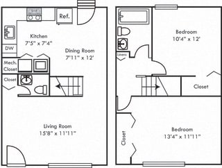 The Boxwood. 2 bedroom townhome. Kitchen open to living/dinning room. 1 full bathroom &#x2B; powder room. large closets.