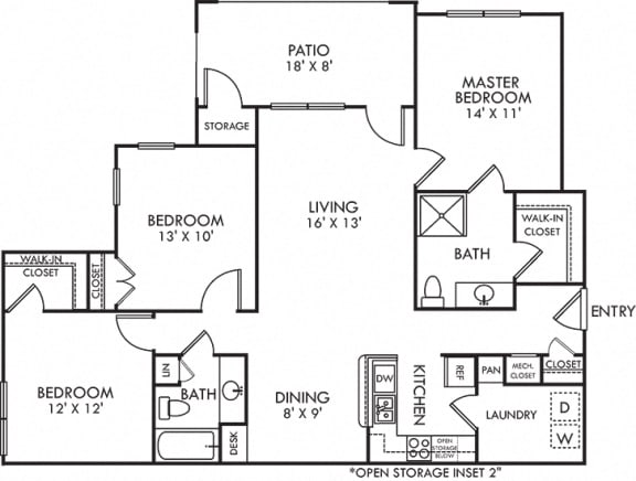 Cypress. 3 bedroom apartment. Kitchen with bartop open to living/dinning rooms. 2 full bathrooms, shower stall in master. Walk-in closets. Patio/balcony with storage.