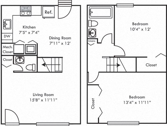 The Boxwood. 2 bedroom townhome. Kitchen open to living/dinning room. 1 full bathroom + powder room. large closets.