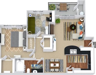 Roma 3D 1 bedroom apartment with den. Kitchen with bartop open to living room and dining room. 1 full bath with vanity. Large walk-in closet. Additional closet in hallway. Patio/balcony.
