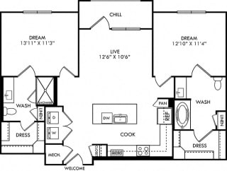 Baylor floorplan with L-shaped Kitchen, island, pantry cabinet, open to living, 2 baths with tub and other with shower. Walk-in closets. balcony. in-unit washer/dryer