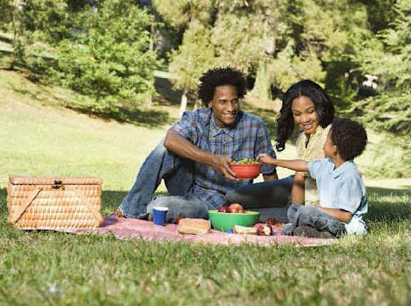 A family having a picnic in a grassy area.