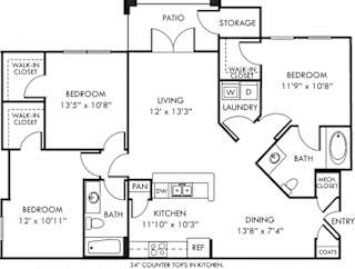 The Caraway. 3 bedroom apartment. Kitchen with bartop open to living/dinning rooms. 2 full bathroom. Walk-in closets. Patio/balcony.