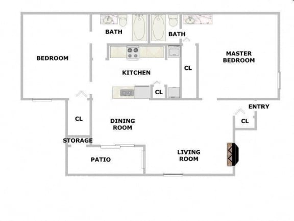 Floor Plan  967 Square-Foot 2 Bedroom 2 Bath Springwood Floorplan at Pleasant Creek Apartments, Texas