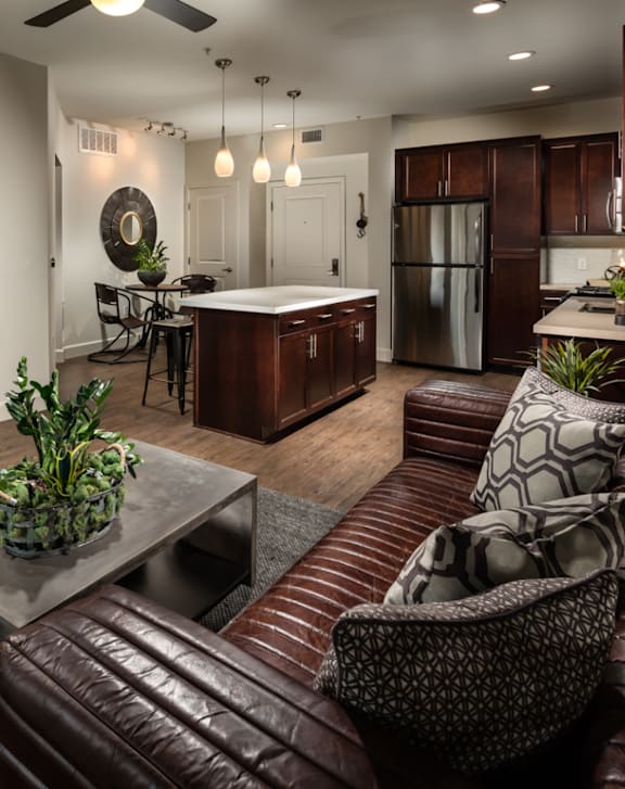 Metro at Main Apartments in Corona, California Model Living Room and Kitchen