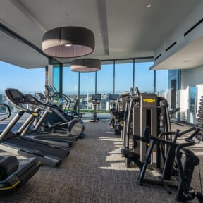 a gym with cardio equipment and a view of the city
