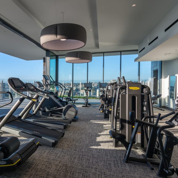 a gym with cardio equipment and a view of the city