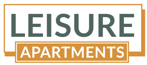 a logo for leisur apartments with the word leisure in green and
