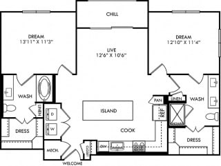 Brooks 2 bedroom apartment floor plan with entry closet, L-shaped kitchen with Island and pantry cabinet, open to living area, 2 bathrooms one with tub one with shower and double sinks. washer/dryer.