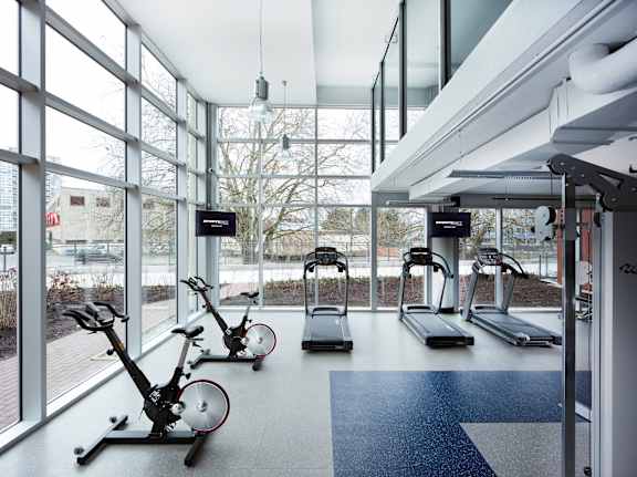 A gym with exercise equipment and large windows.
