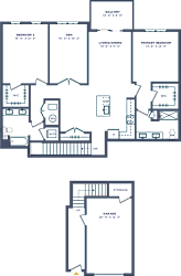 A floor plan of a building with rooms labeled, such as