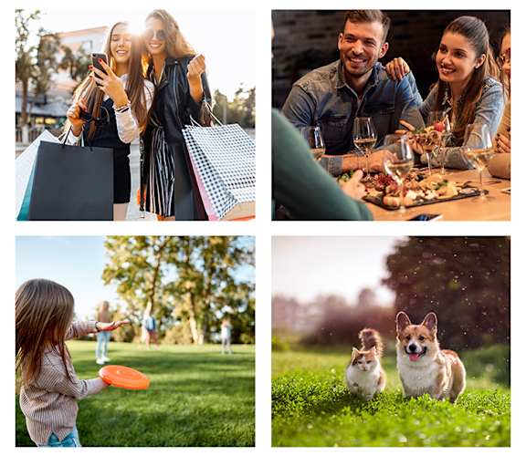 Four images depicting shopping, eating, outdoor activities, and exercise.