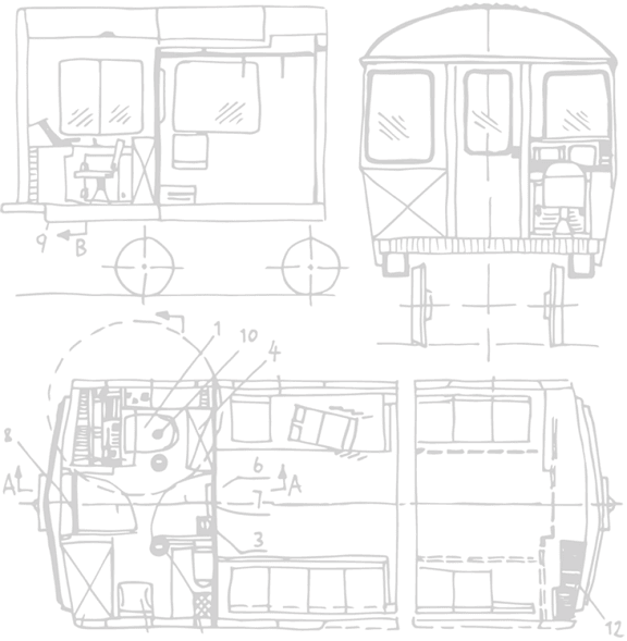 A black and white drawing of a train car with various diagrams and measurements.