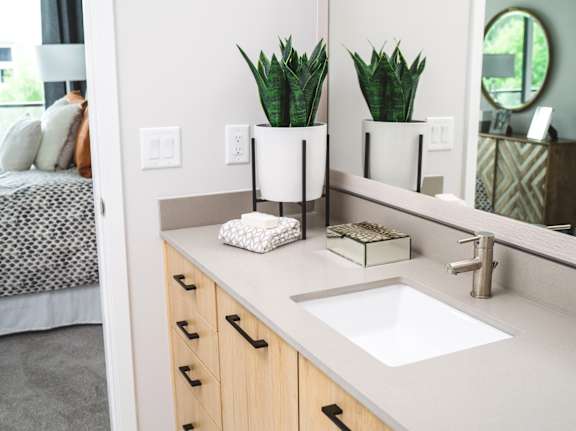 A bathroom with a white sink and two potted plants.