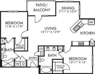 Baxter. 2 bedroom apartment. Kitchen with bartop open to living/dinning room. 2 full bathrooms, double vanity in master, shower stall in guest. Walk-in closets. Patio/balcony.